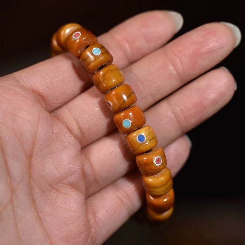 Tibetan yak bone inlaid single circle unisex bracelet barrel bead retro jewelry