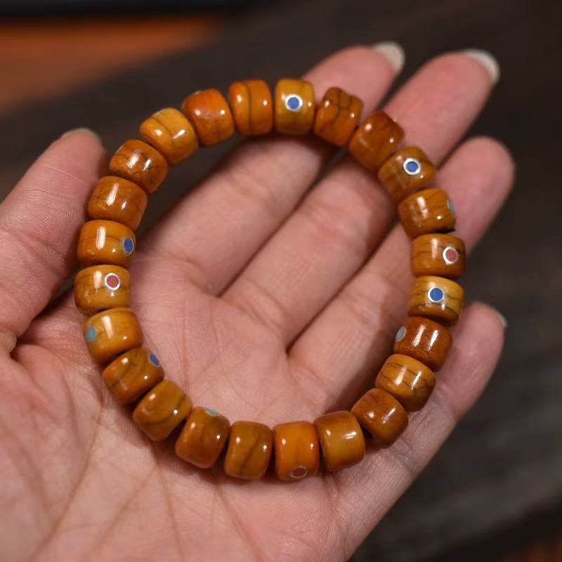 Tibetan yak bone inlaid single circle unisex bracelet barrel bead retro jewelry